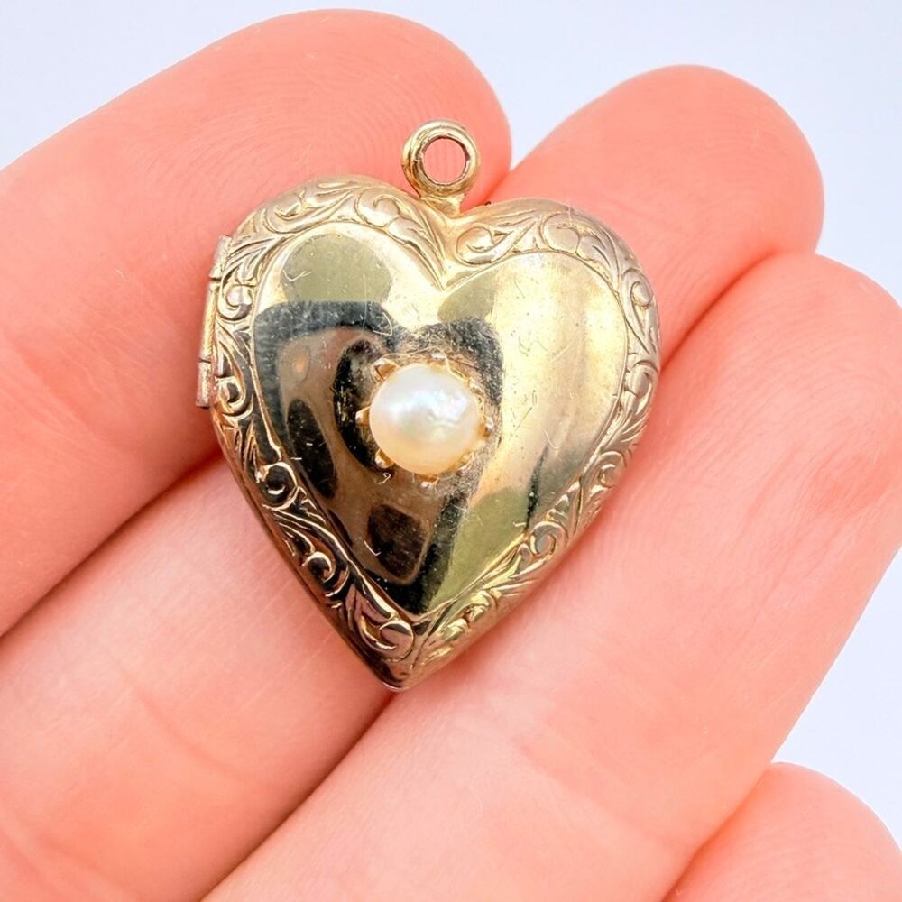 Vintage 10K Gold Plated Heart Locket Charm Pendant Etched Pearl Small Dainty